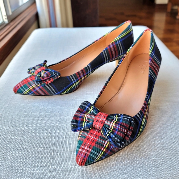 NEW! J. Crew sz 7 Esme Black Plaid Tartan Kitten Heels Pump with Bow NWT - Picture 1 of 7